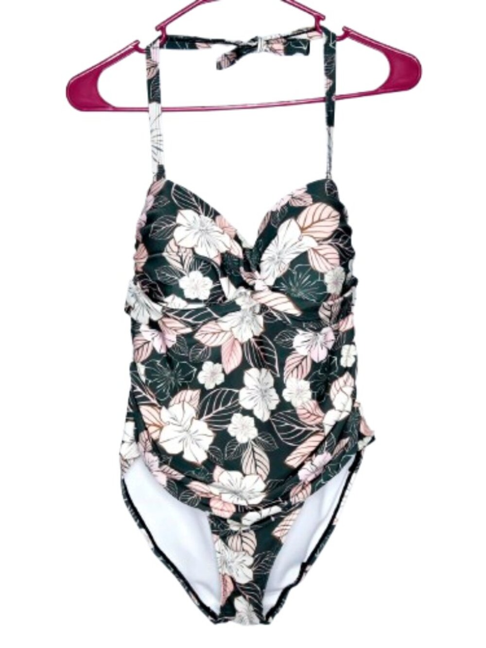 Nicole Miller NY Green Floral Ruched One Piece Swimsuit - M. Polyester/Spandex